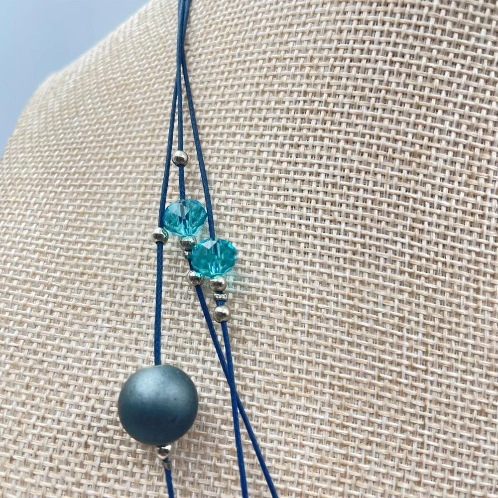 Vtg Artisan Multi-Layer Blue Cord Necklace Teal Glass Crystal Gunmetal Grey Bead